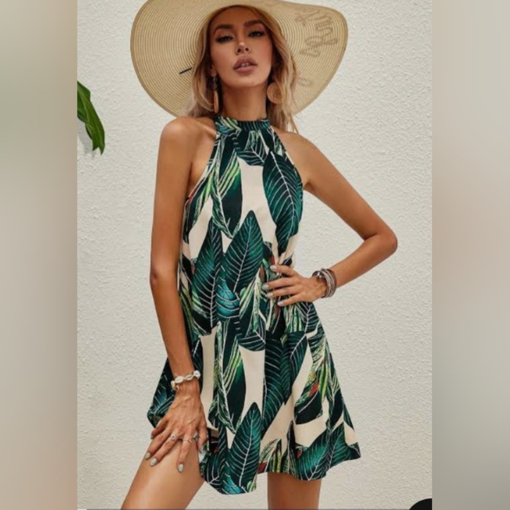 Tropical Leaf Print Halter Dress